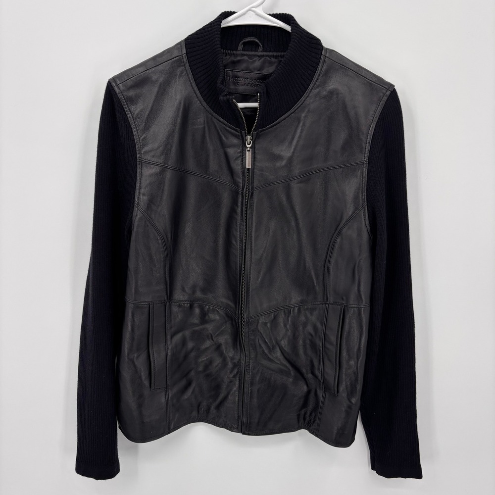Jaclyn Smith Mixed Media Leather Knit Jacket Womens M Black Excellent Zip Up